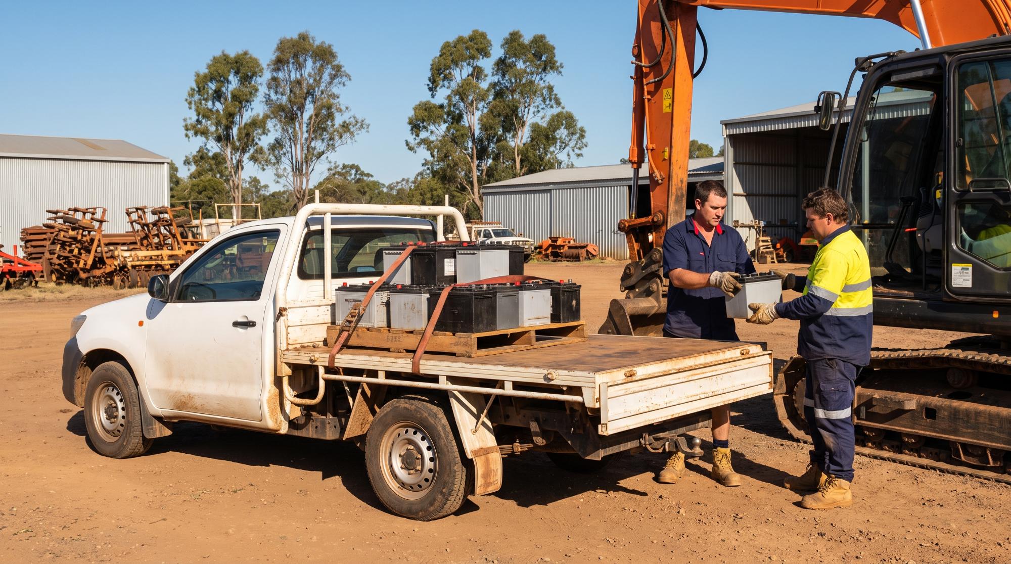 A ute loaded with heavy duty batteries at a machinery depot