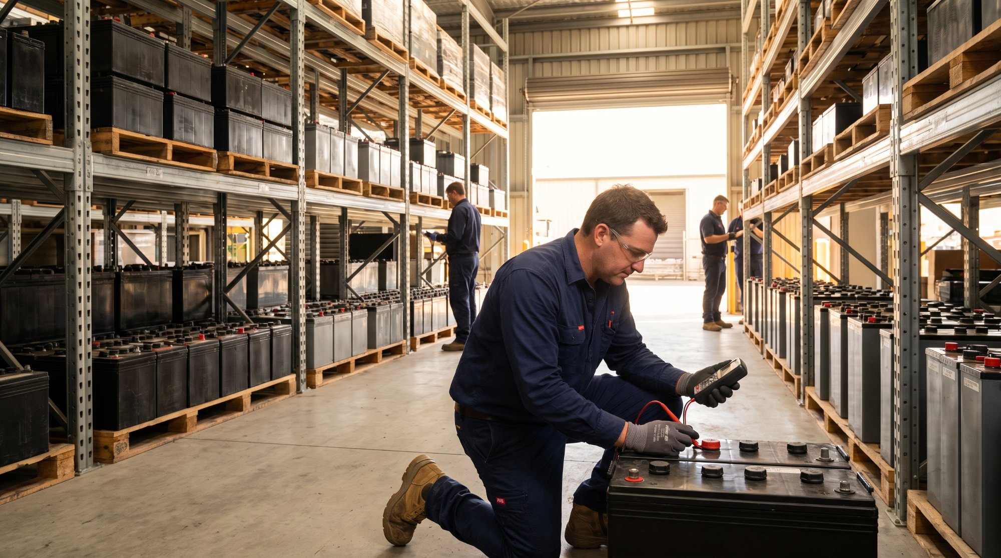 Rows of heavy duty batteries on warehouse racking