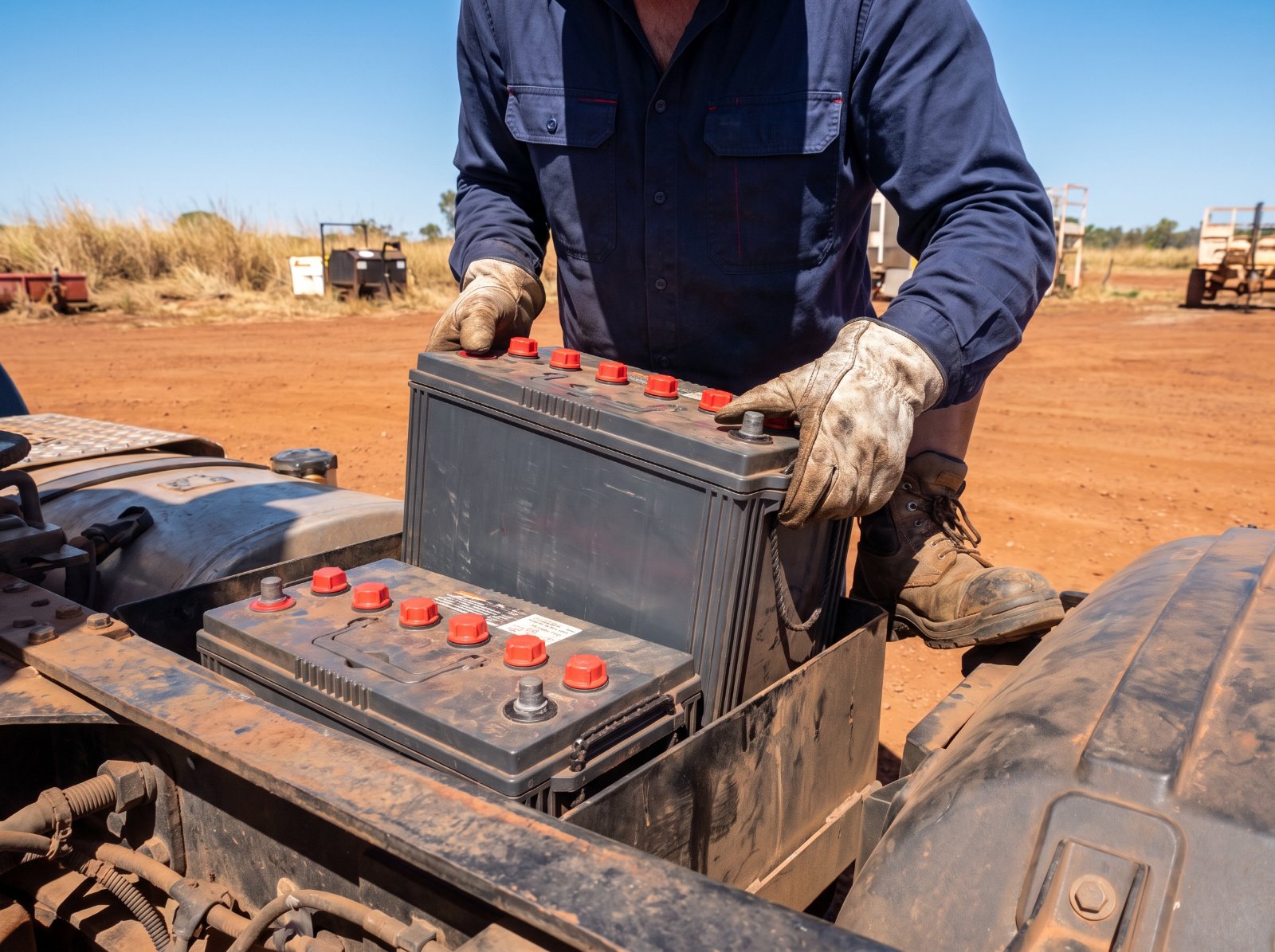 A mechanic fitting a pair of heavy duty truck batteries
